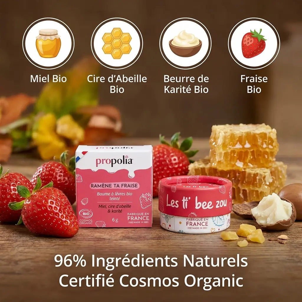 Baume à lèvres bio teinté fraise et miel Propolia avec ingrédients naturels et certification Cosmos Organic