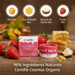 Baume à lèvres bio teinté fraise et miel Propolia avec ingrédients naturels et certification Cosmos Organic