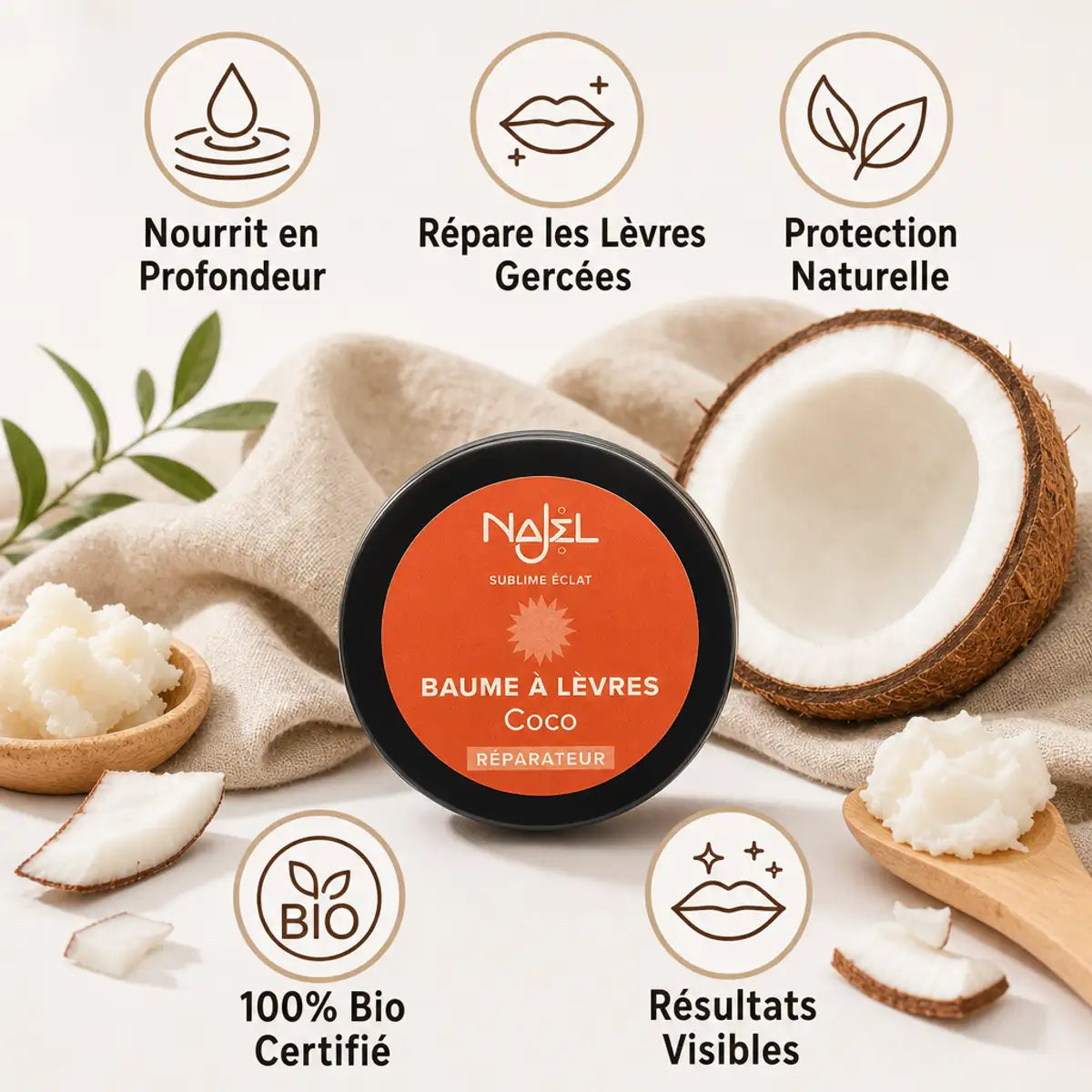 Baume à lèvres coco Najel bio - pot orange réparateur avec bénéfices et ingrédients naturels