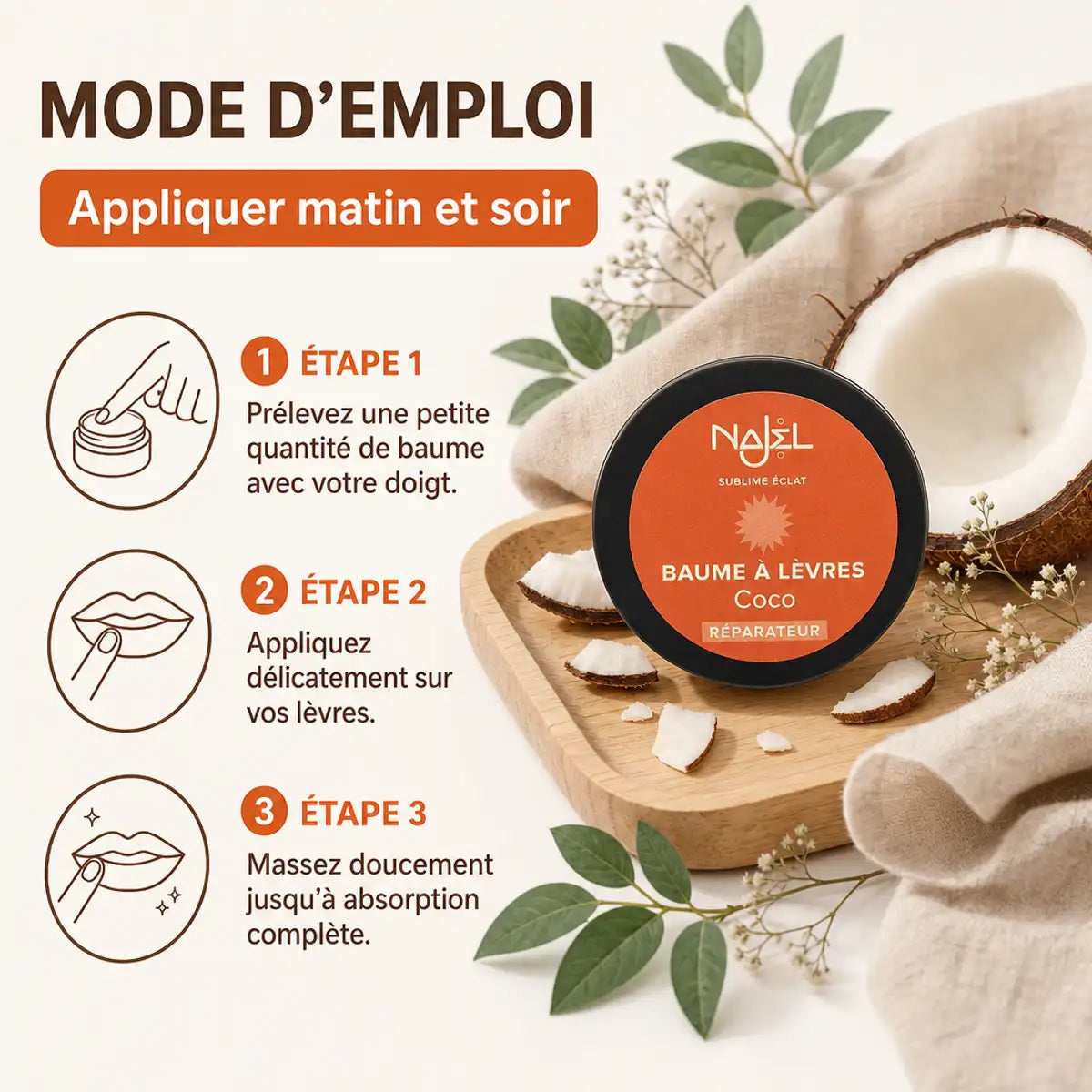 Baume à lèvres coco Najel bio avec mode d'emploi et noix de coco sur fond blanc