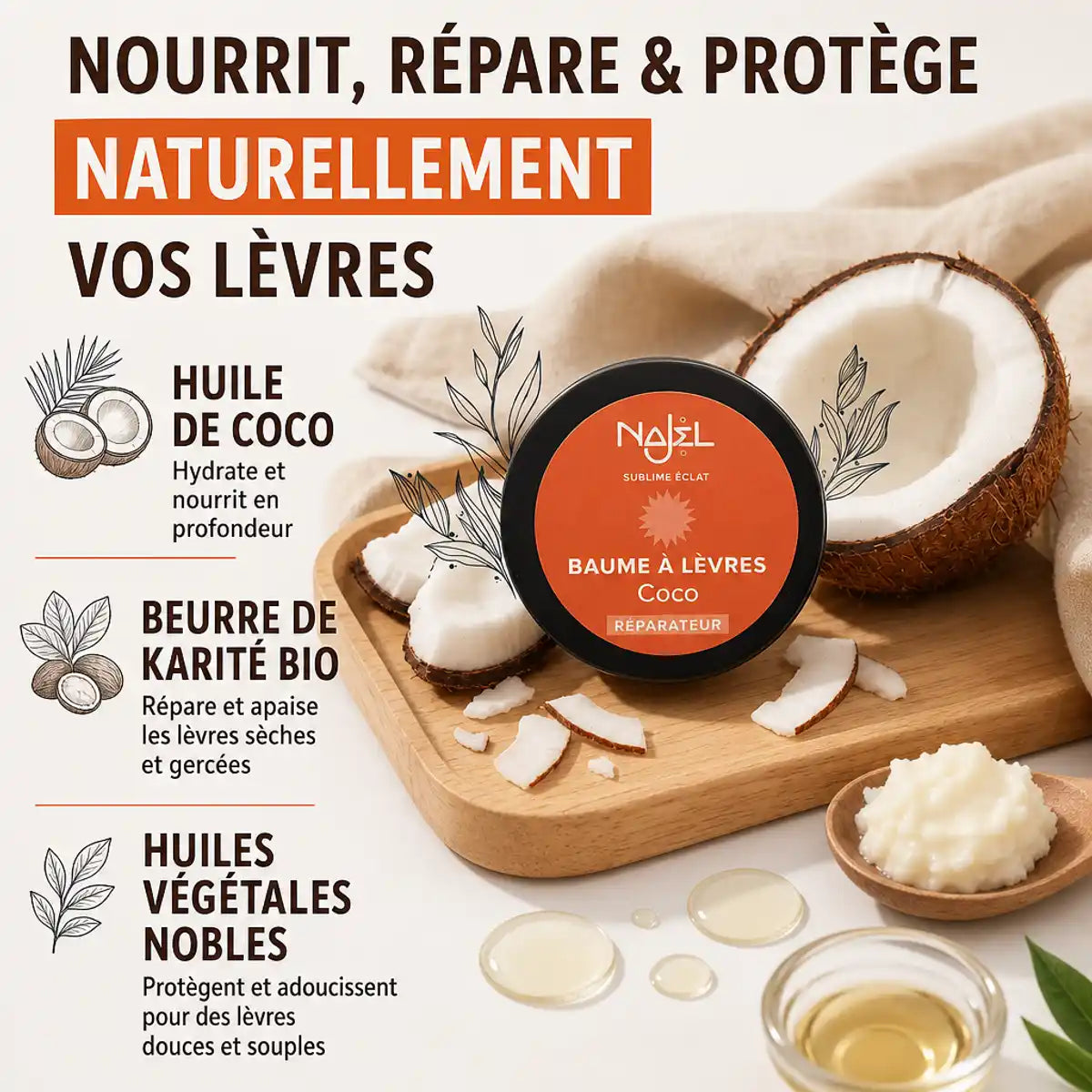 Baume à lèvres coco Najel bio avec ingrédients naturels : huile de coco et beurre de karité