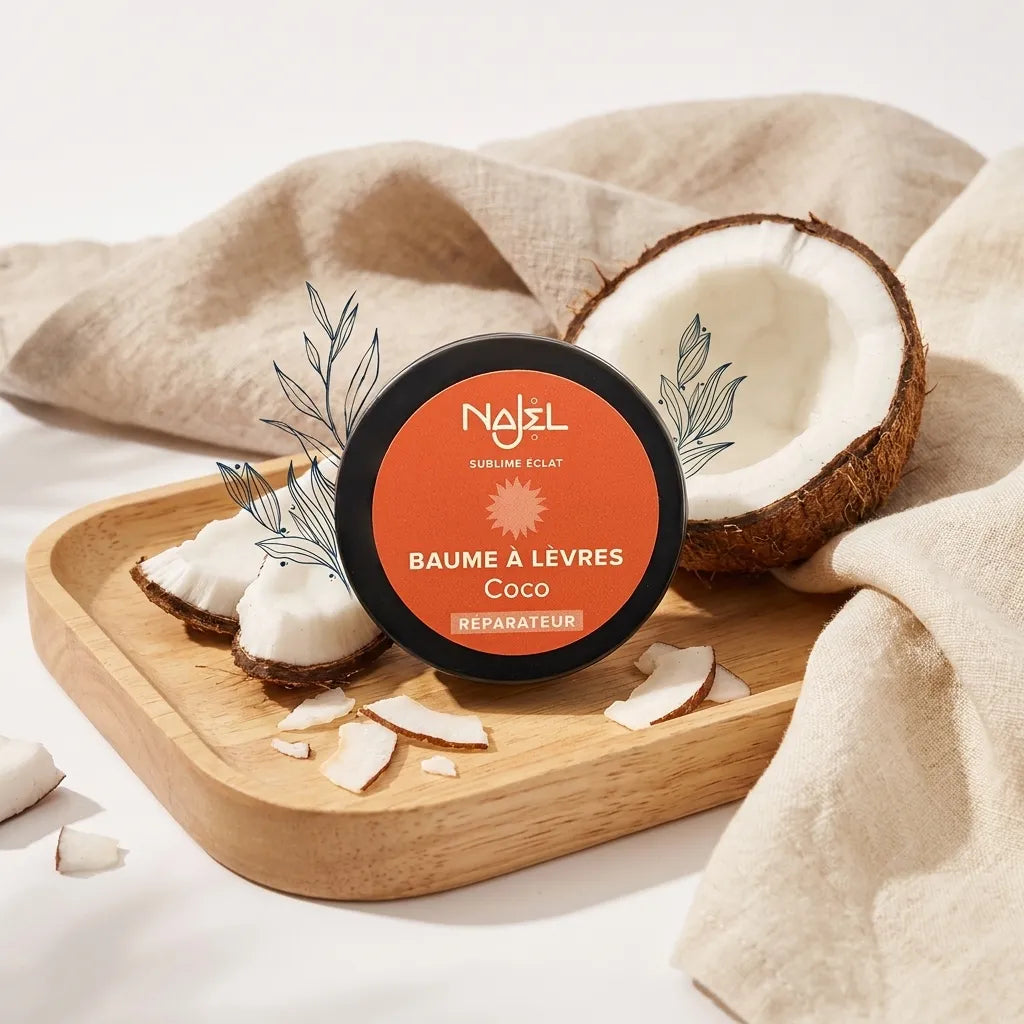 Baume à lèvres coco Najel bio avec noix de coco fraîche et feuilles botaniques sur fond blanc
