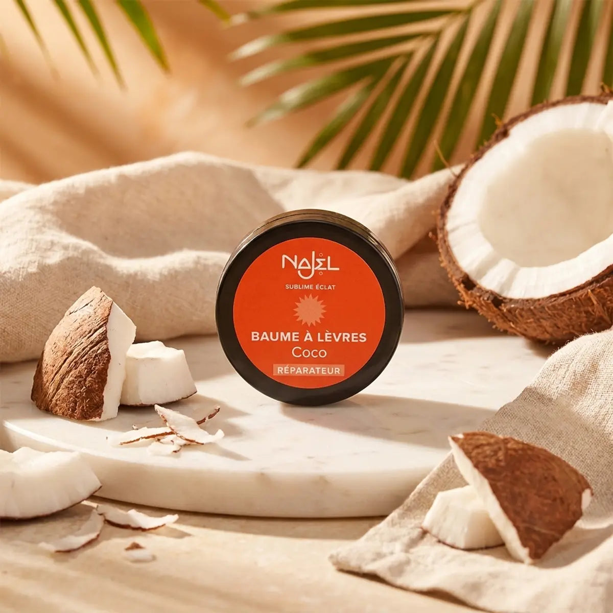 Baume à lèvres coco Najel bio en pot noir avec étiquette orange, entouré de noix de coco fraîches