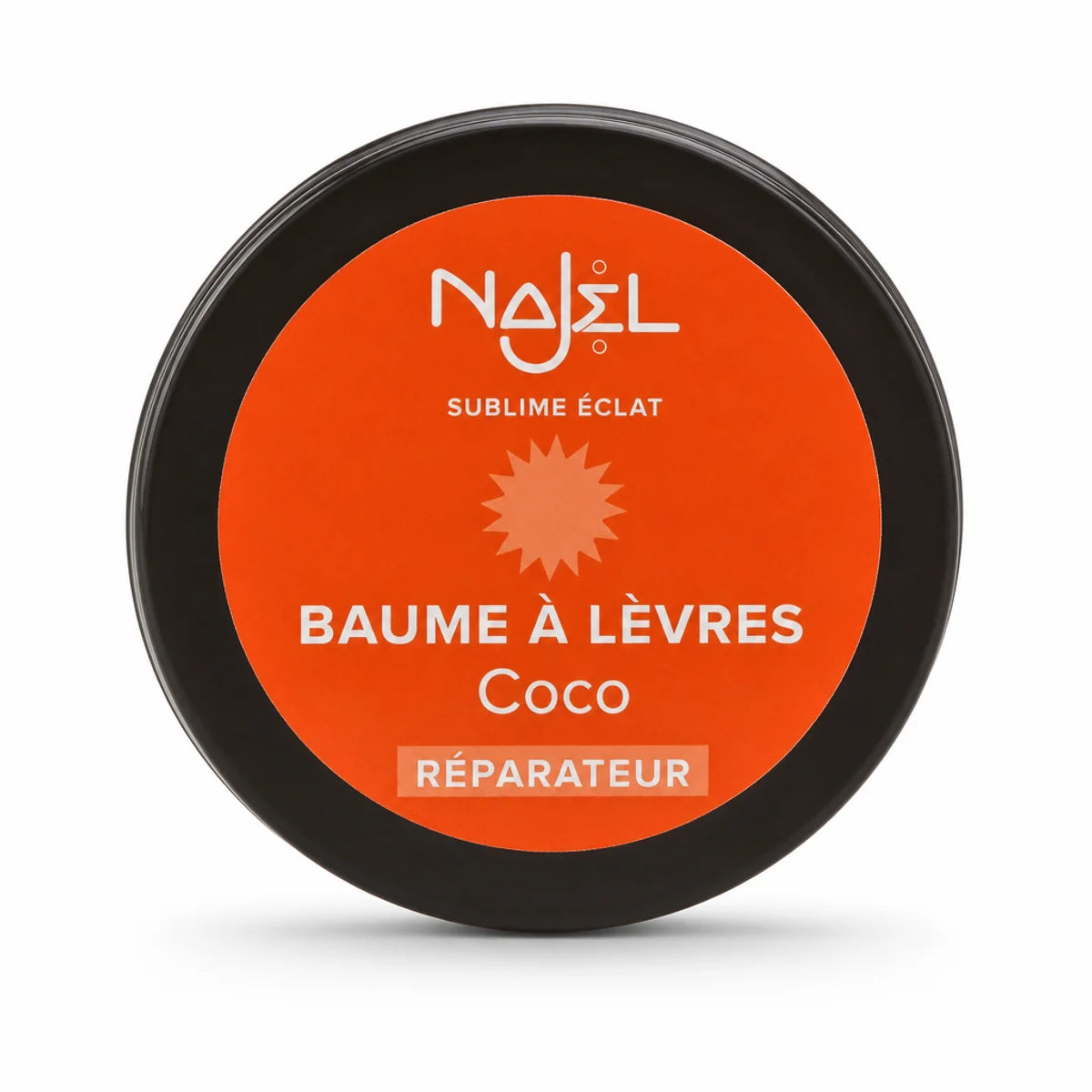 Baume à lèvres coco Najel bio en pot noir avec étiquette orange sur fond blanc