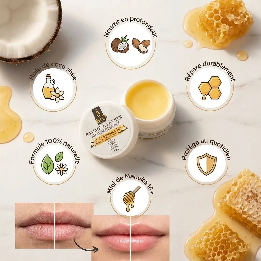 Baume à lèvres bio Dr Theiss avec miel de Manuka, ingrédients naturels et bénéfices nourrissants