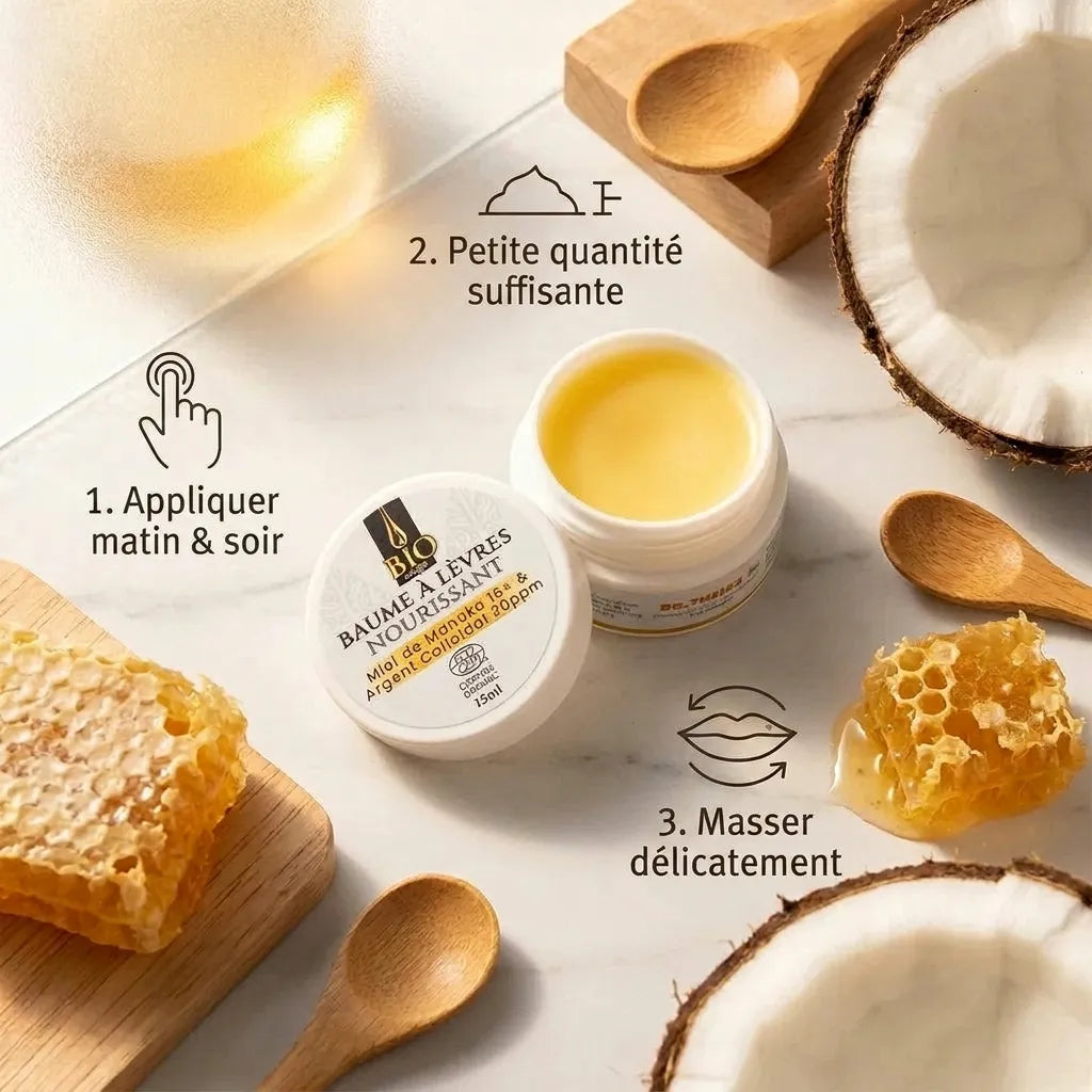 Baume à lèvres bio Dr Theiss avec guide d'application et ingrédients naturels miel et noix de coco