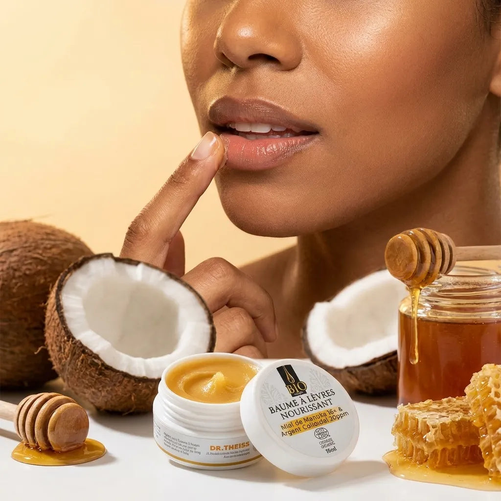 Femme appliquant le baume à lèvres bio Dr Theiss au miel avec ingrédients naturels en arrière-plan