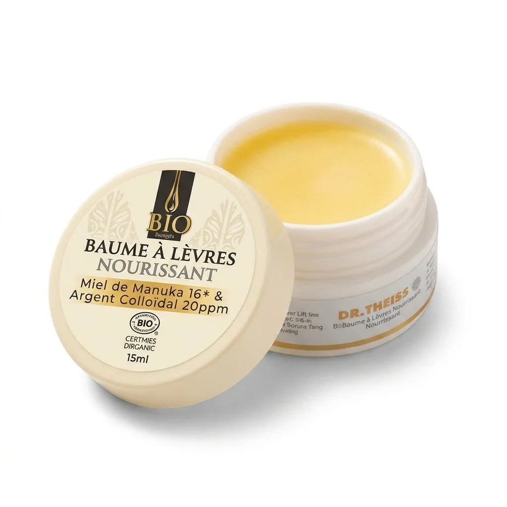 Baume à lèvres bio Dr Theiss en pot blanc avec couvercle beige et étiquette dorée