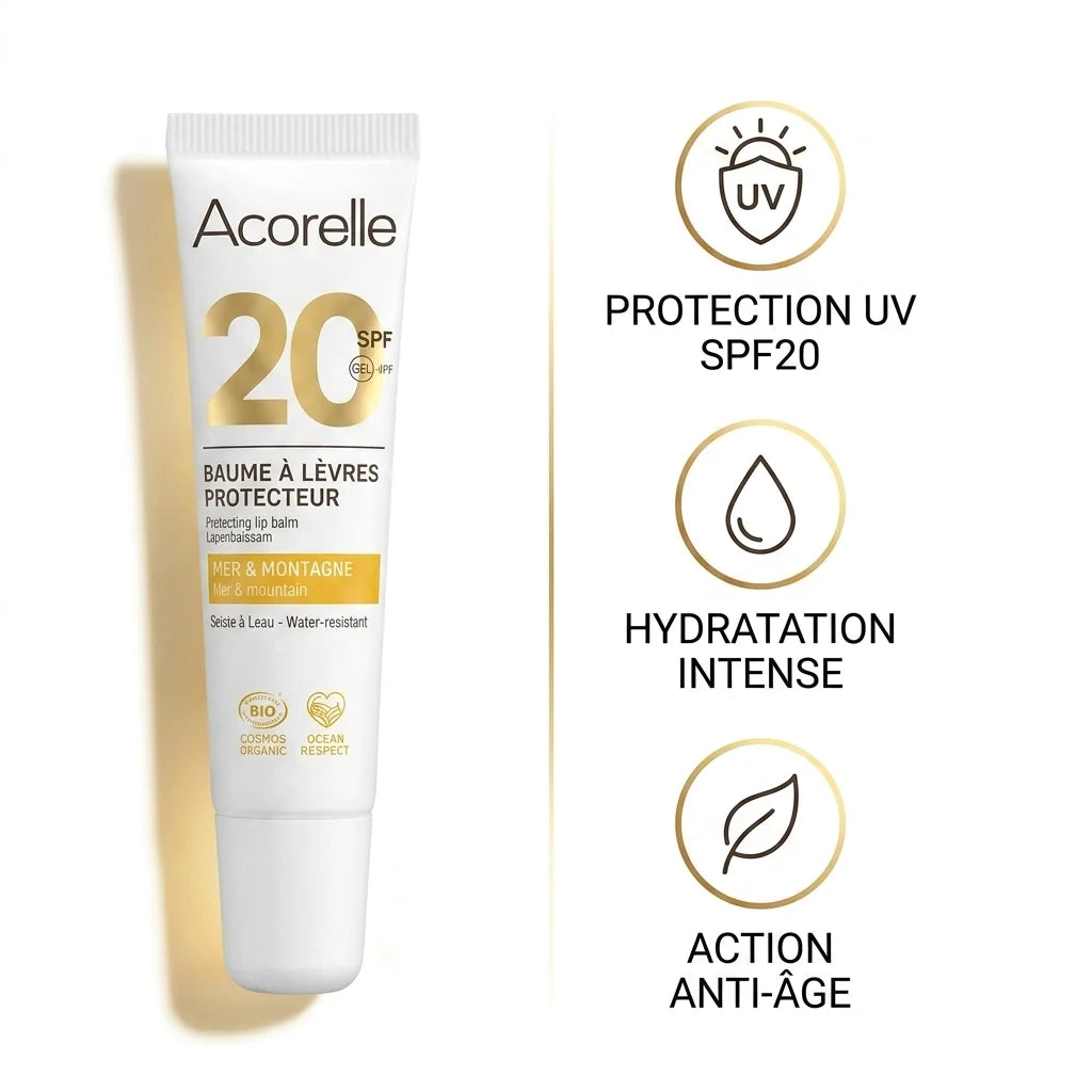 Baume à lèvres SPF20 bio Acorelle avec bénéfices : protection UV, hydratation intense, action anti-âge