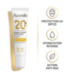 Baume à lèvres SPF20 bio Acorelle avec bénéfices : protection UV, hydratation intense, action anti-âge