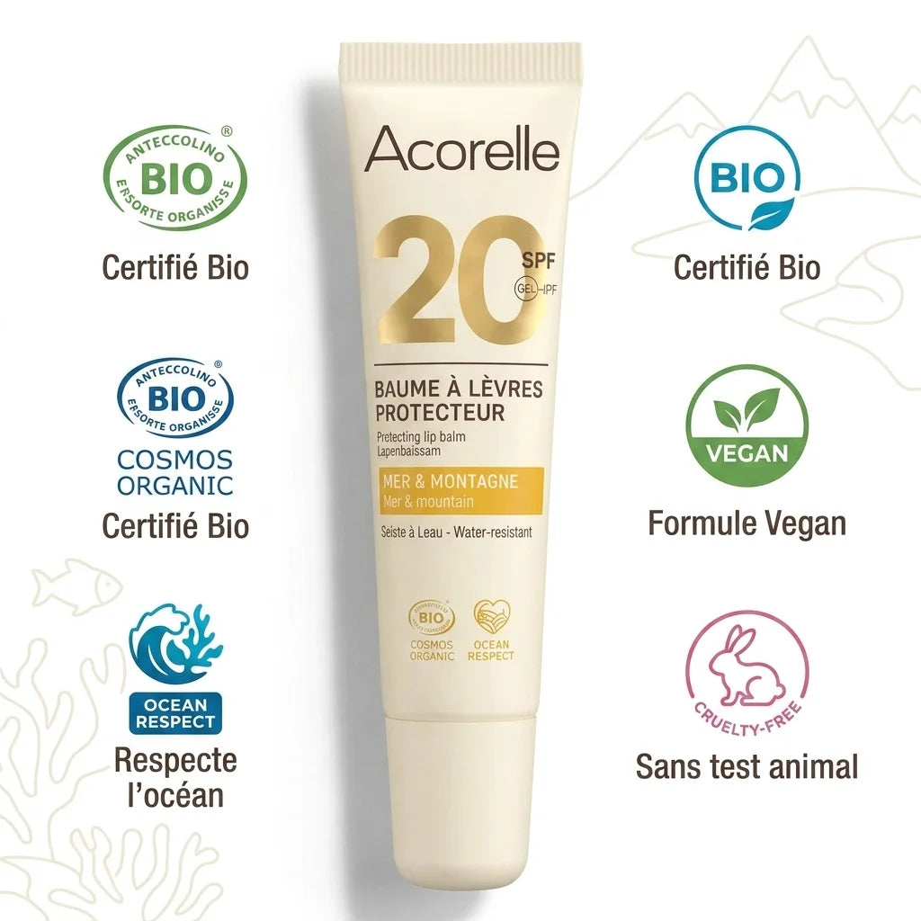 Baume à lèvres SPF20 Acorelle certifié bio avec certifications vegan et cruelty-free