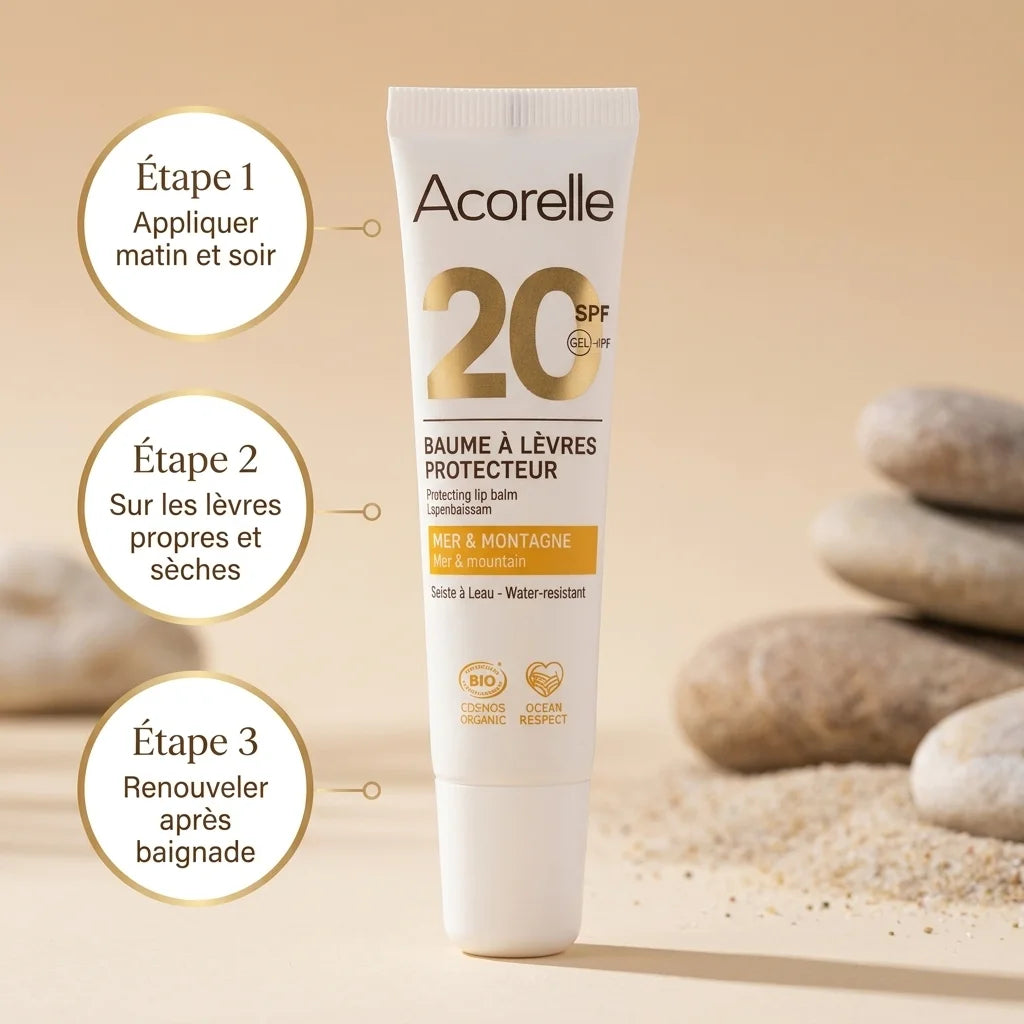 Baume à lèvres SPF20 Acorelle bio avec étapes d'application sur fond beige minimaliste