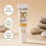 Baume à lèvres SPF20 Acorelle bio avec étapes d'application sur fond beige minimaliste