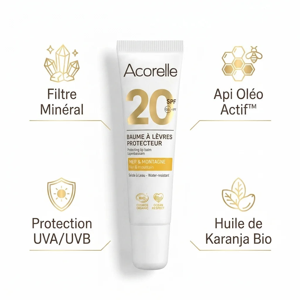 Baume à lèvres SPF20 bio Acorelle avec ingrédients naturels et protection UVA/UVB