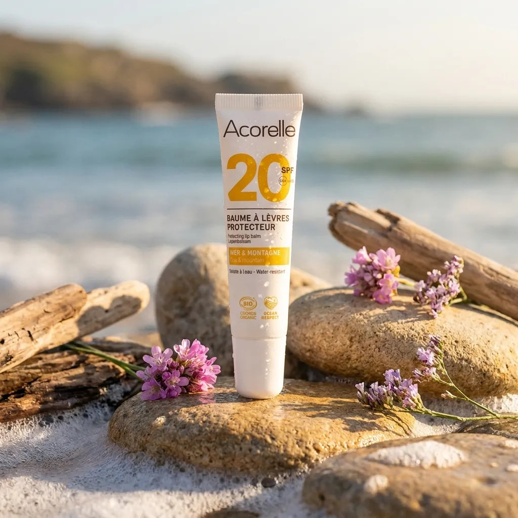 Baume à lèvres SPF20 bio Acorelle sur pierres côtières avec driftwood et fleurs sauvages