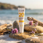 Baume à lèvres SPF20 bio Acorelle sur pierres côtières avec driftwood et fleurs sauvages