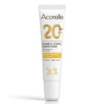 Baume à lèvres protecteur SPF20 Acorelle certifié bio, tube blanc avec logo doré sur fond blanc