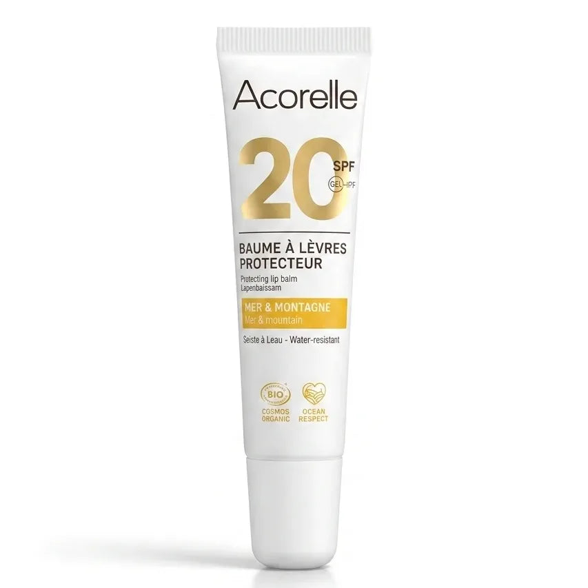 Baume à lèvres protecteur SPF20 Acorelle certifié bio, tube blanc avec logo doré sur fond blanc