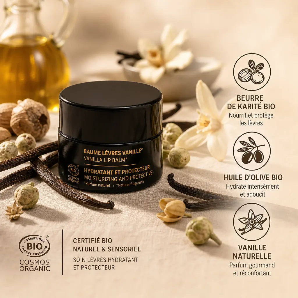 Baume à lèvres vanille bio Najel avec ingrédients naturels et certification COSMOS