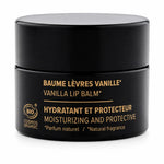 Baume à lèvres vanille bio Najel en pot noir et or sur fond blanc