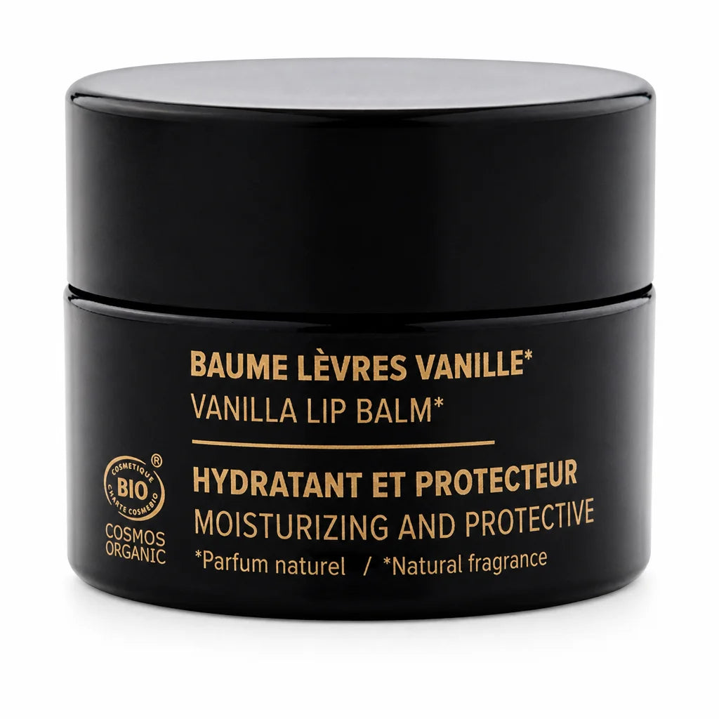 Baume à lèvres vanille bio Najel en pot noir et or sur fond blanc