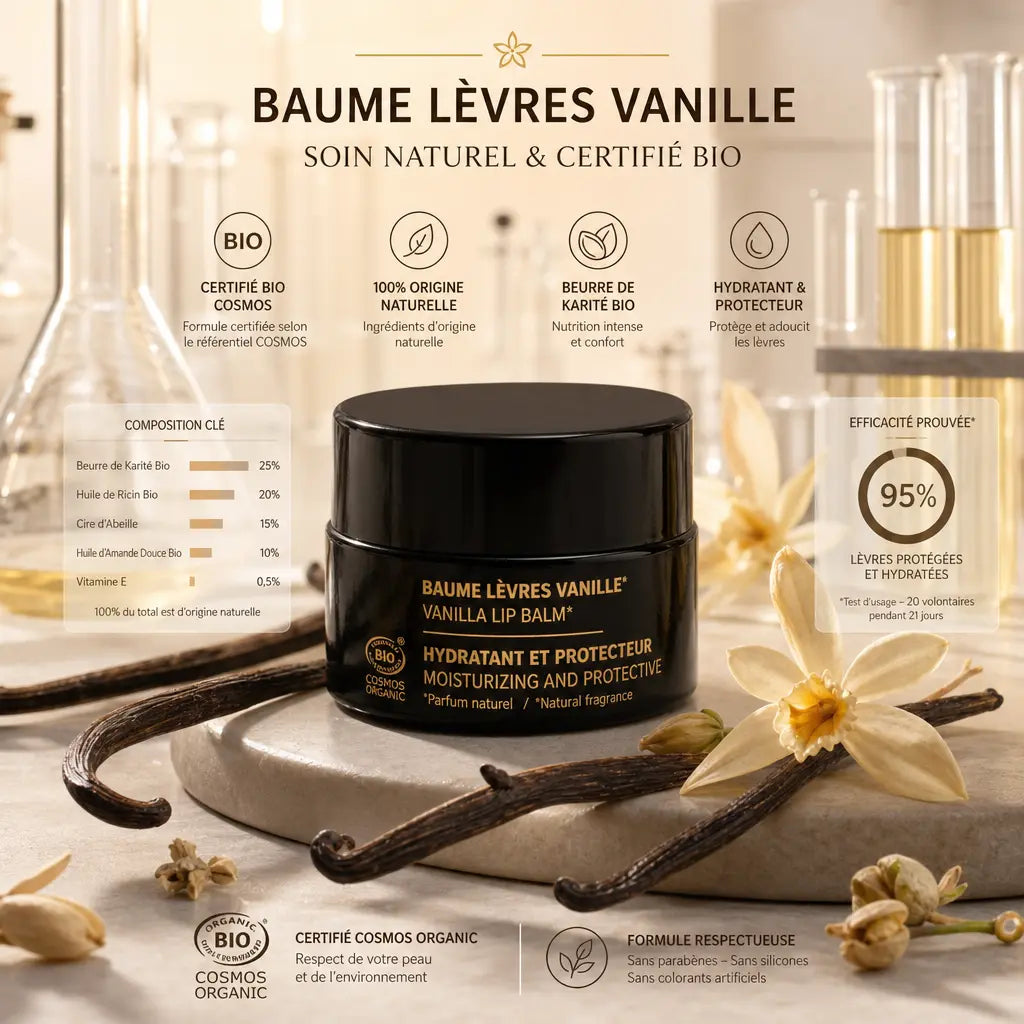 Baume à lèvres vanille Najel bio certifié COSMOS avec beurre de karité hydratant