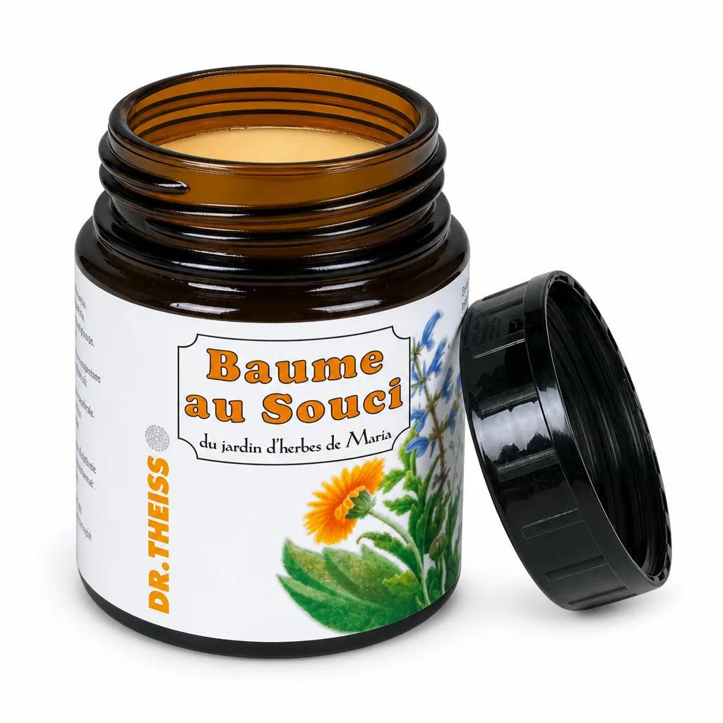 Baume au Souci Dr Theiss en pot verre ambré avec couvercle noir sur fond blanc