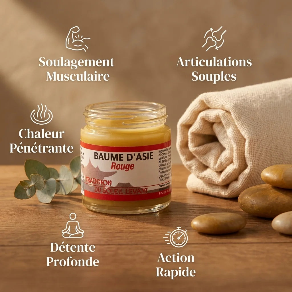 Baume d'Asie Rouge en pot avec icônes des bénéfices : soulagement musculaire, articulations, chaleur pénétrante