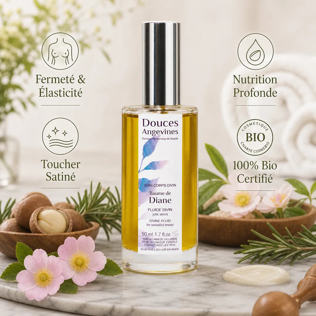 Baume de Diane bio certifié avec ses bénéfices fermeté, nutrition et toucher satiné sur marbre