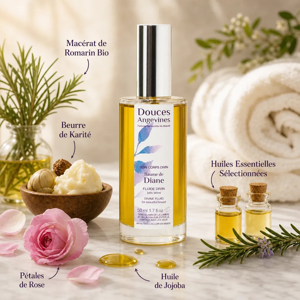 Baume de Diane bio Douces Angevines avec ingrédients naturels romarin karité jojoba rose