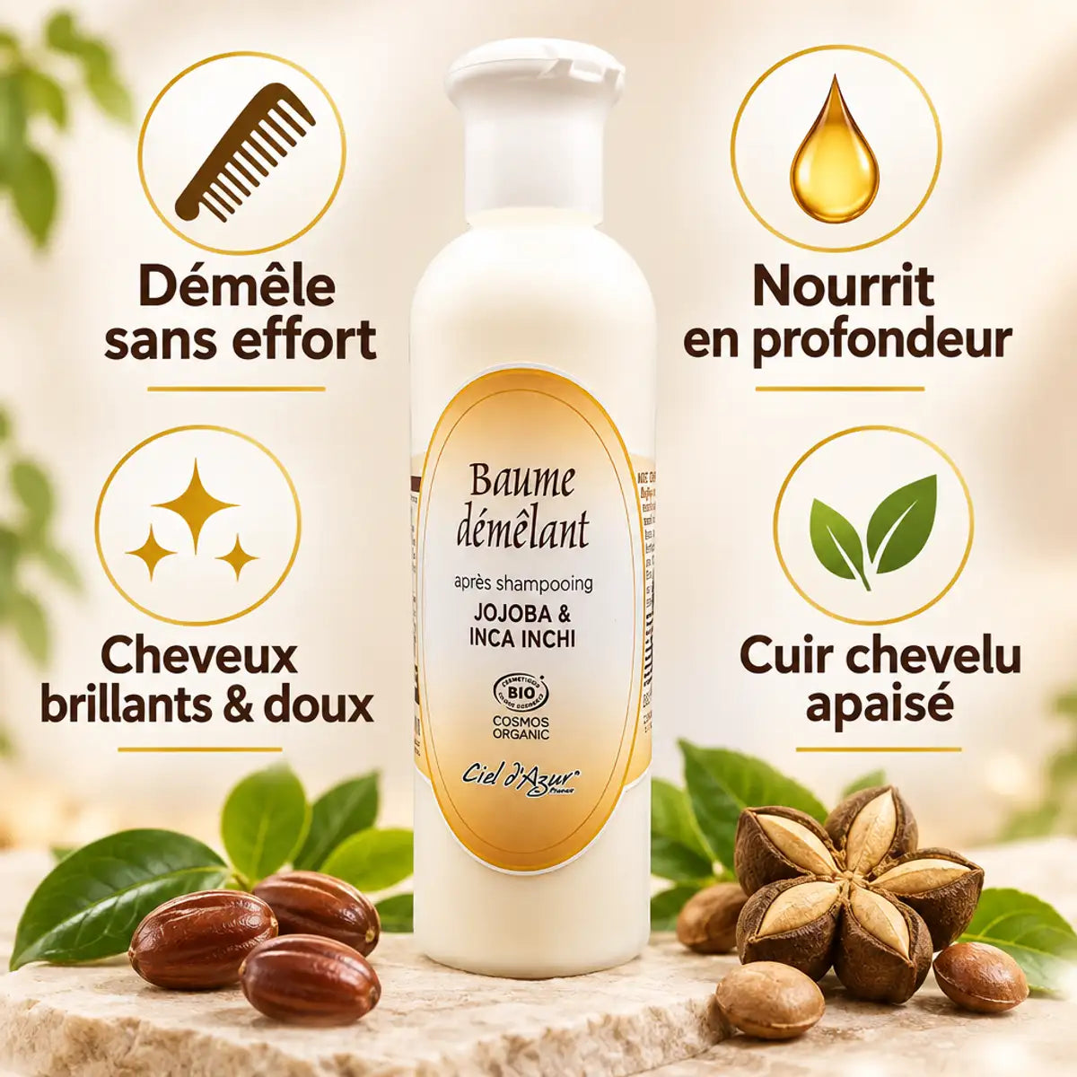 Baume démêlant bio Ciel d'Azur 250ml avec bénéfices : démêle, nourrit, brillance et cuir chevelu apaisé
