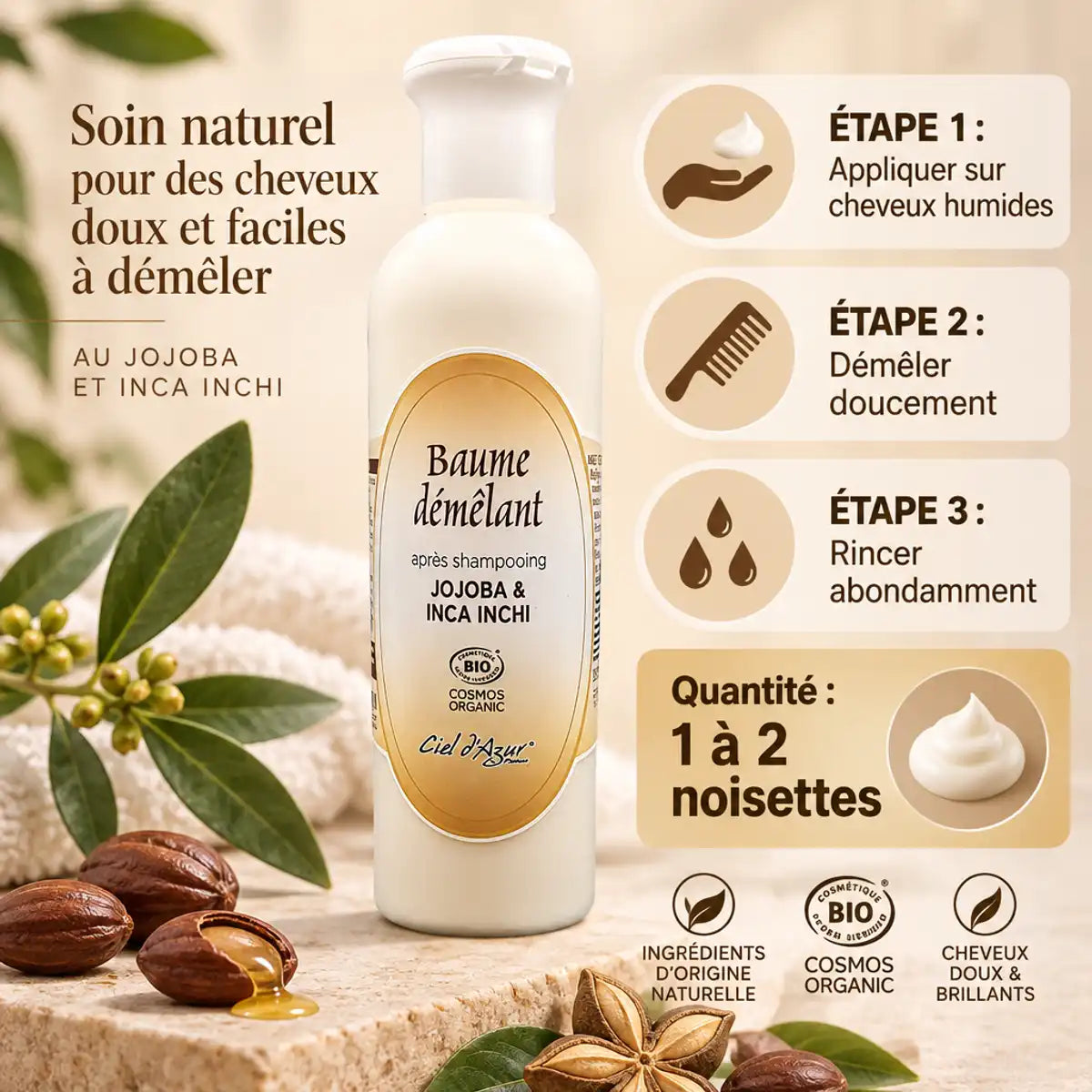 Baume démêlant bio Ciel d'Azur 250ml avec guide d'utilisation et dosage recommandé
