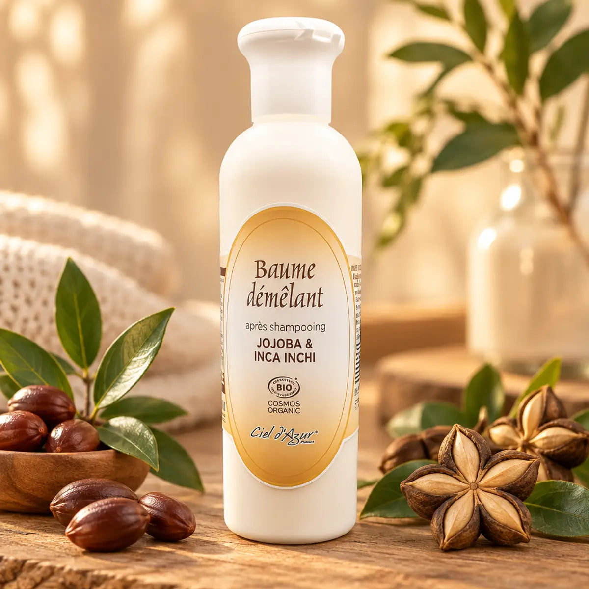 Baume démêlant bio Ciel d'Azur 250ml entouré de feuilles de jojoba sur bois naturel