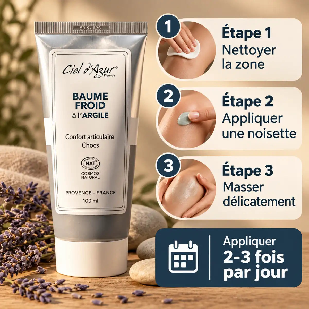 Baume froid Argile Ciel d'azur 100ml avec guide d'application étapes massage