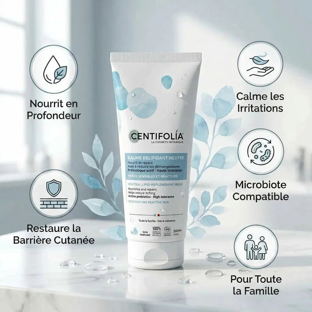 Tube de Baume Relipidant Neutre Centifolia bio avec bénéfices : nourrit, apaise et restaure la barrière cutanée