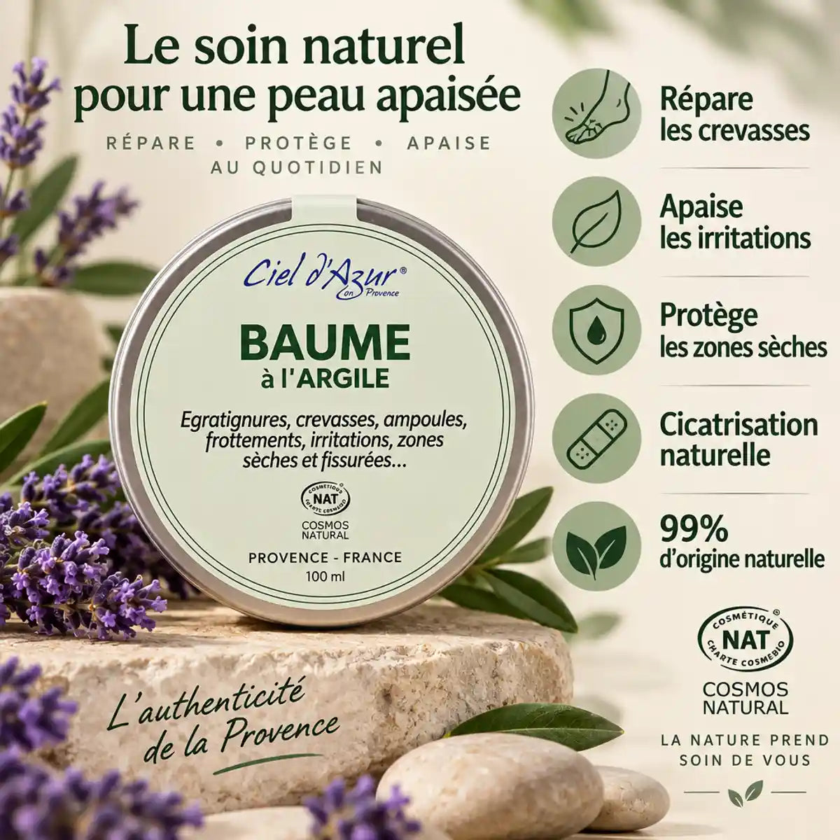 Baume réparateur à l'Argile Ciel d'azur 100ml avec bénéfices : répare, apaise, protège et cicatrise