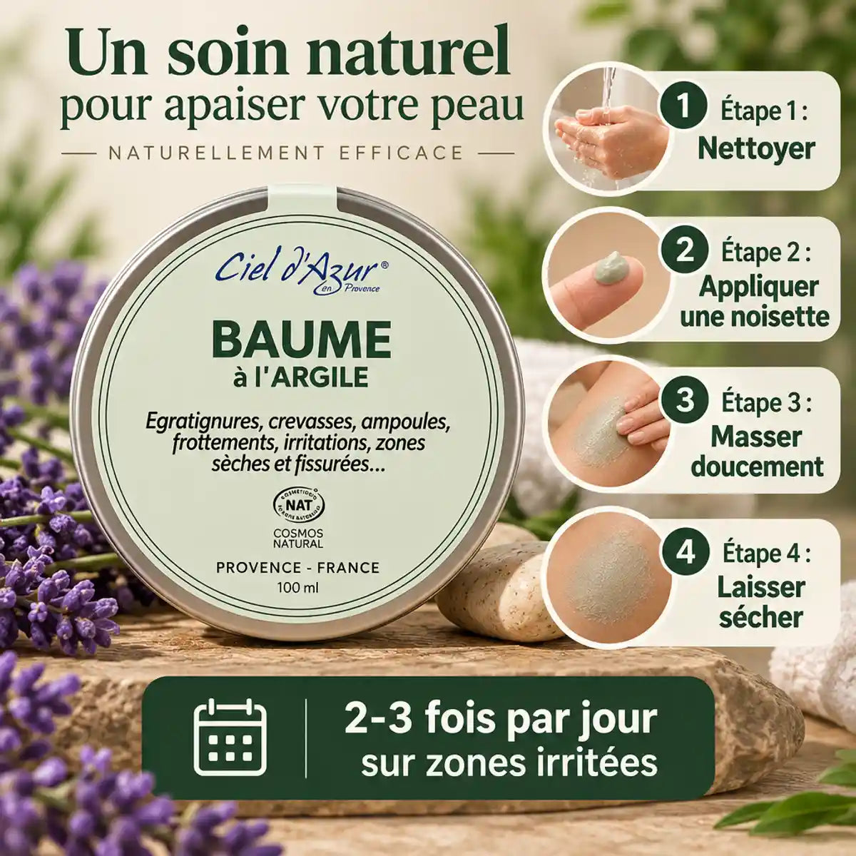 Baume réparateur Argile Ciel d'azur 100ml avec guide d'application en 4 étapes