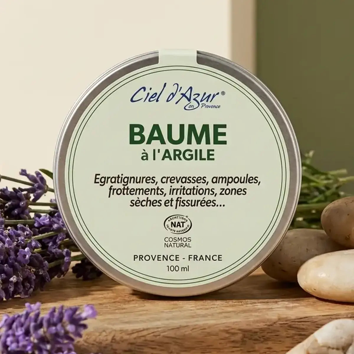 Baume réparateur Ciel d'azur à l'argile 100ml sur bois avec lavande et pierre naturelle