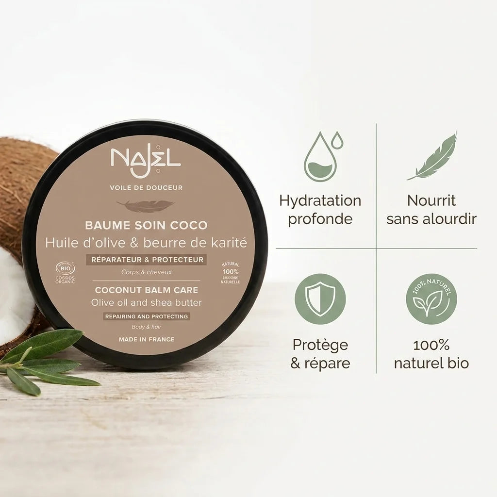 Baume soin coco Najel bio - infographie bénéfices hydratation nourrit protège répare naturel