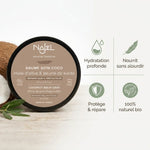 Baume soin coco Najel bio - infographie bénéfices hydratation nourrit protège répare naturel