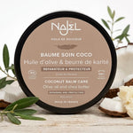 Baume coco bio Najel en pot noir sur surface en bois avec noix de coco et ingrédients naturels