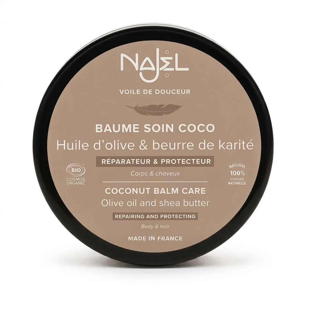 Baume soin coco Najel certifié bio en pot noir avec étiquette beige