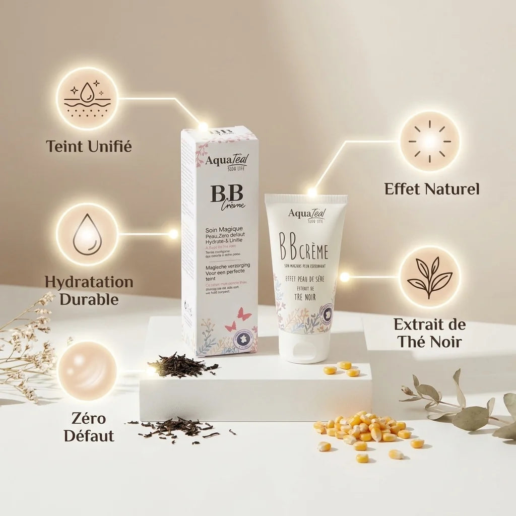 BB Cream Aquatéal Soin Magique avec infographie des 5 bénéfices : teint unifié, hydratation, zéro défaut, effet naturel