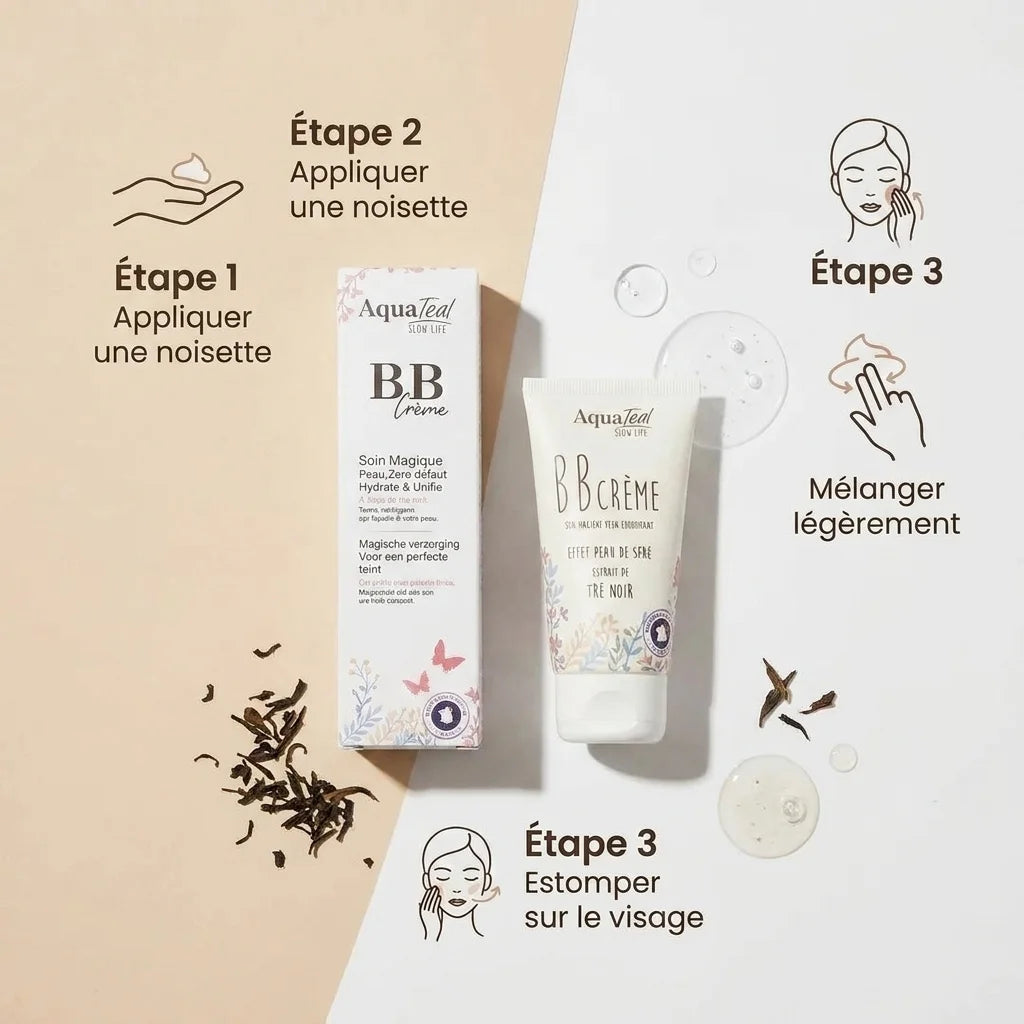 BB Cream Aquatéal Soin Magique avec guide d'application en 3 étapes et ingrédients skincare