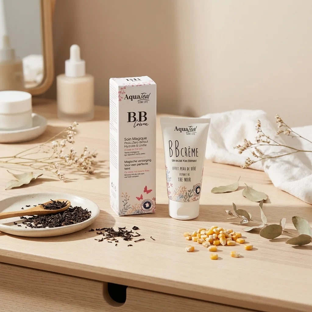 BB Cream Aquatéal soin magique zéro défaut en packaging tube sur table vanité avec éléments botaniques