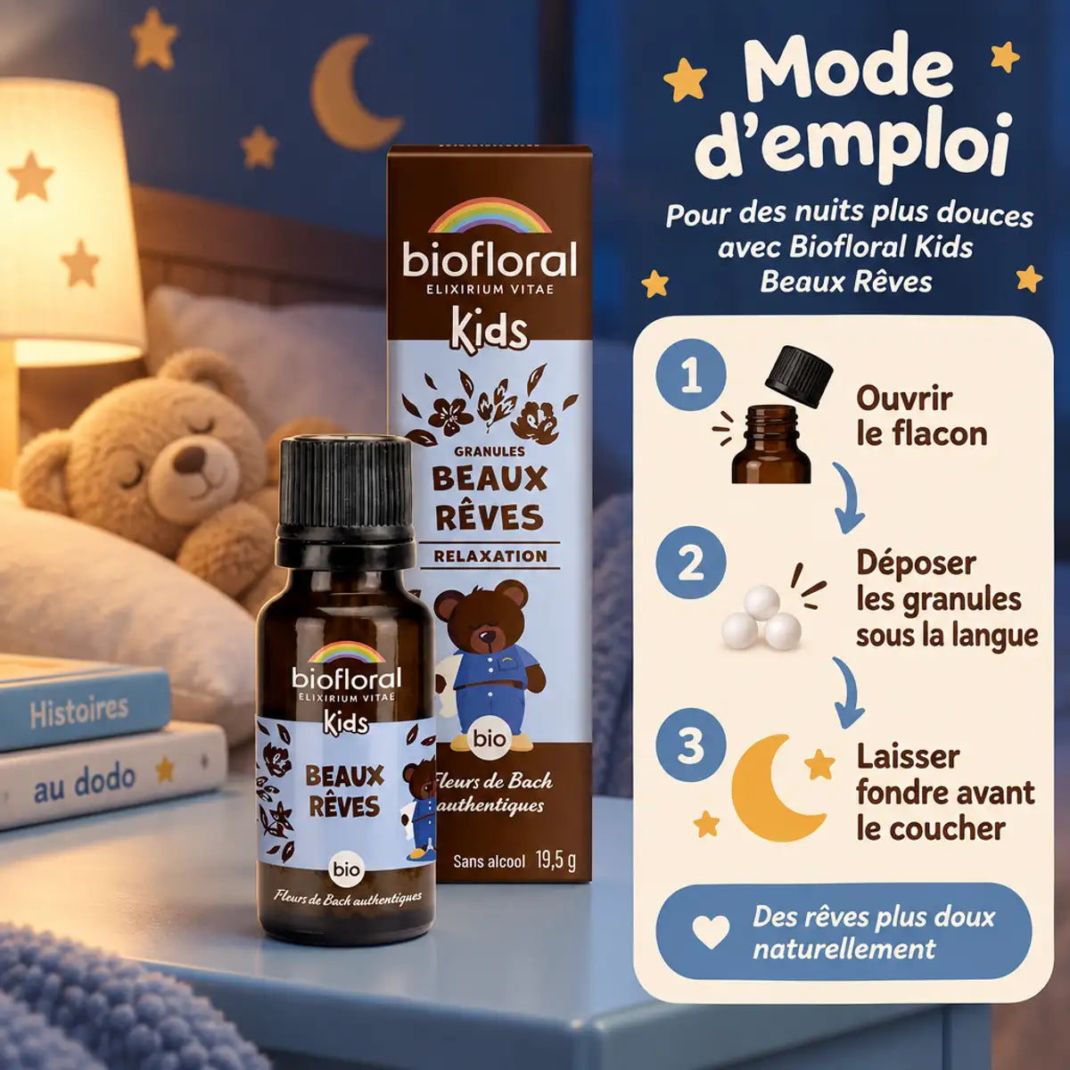 Granules Beaux Rêves bio Biofloral pour enfants, flacon ambré et mode d'emploi en 3 étapes sur table de chevet dans une chambre d'enfant
