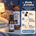 Granules Beaux Rêves bio Biofloral pour enfants, flacon ambré et mode d'emploi en 3 étapes sur table de chevet dans une chambre d'enfant
