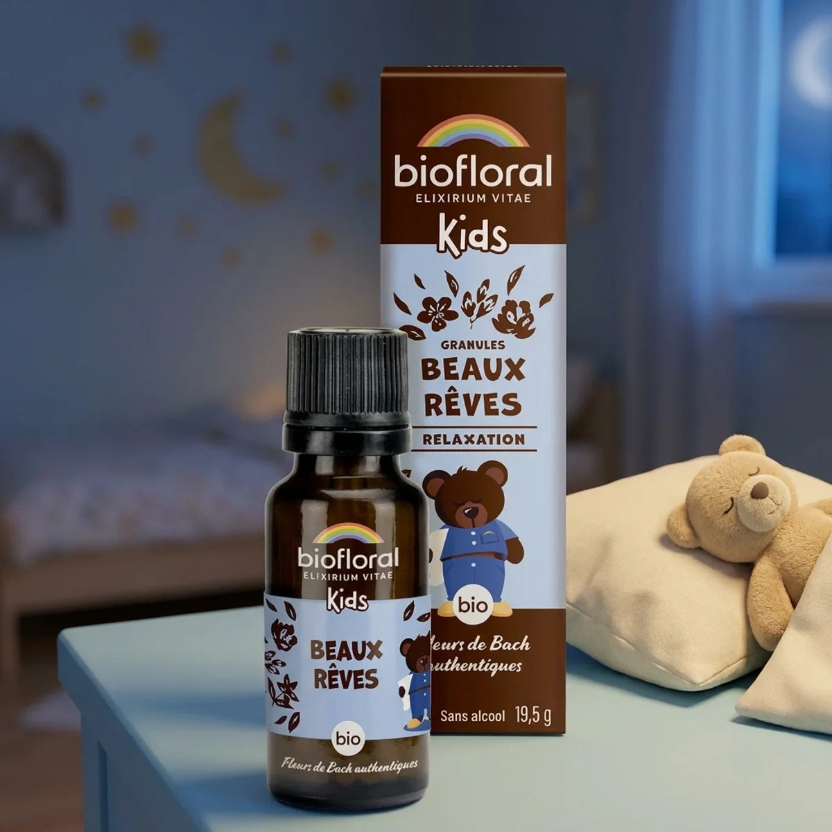 Granules Beaux rêves bio Biofloral 19,5g sur table de nuit enfant avec ours en peluche