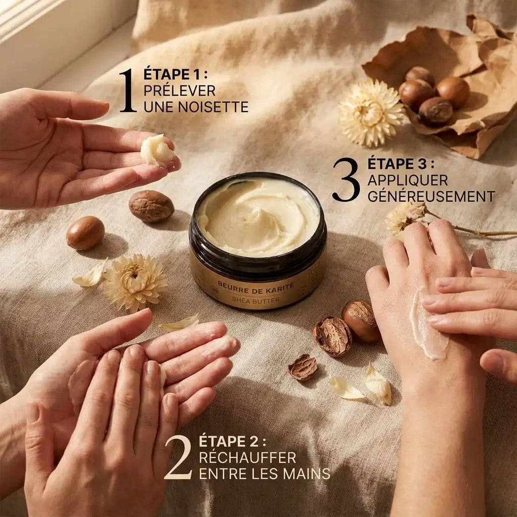 Beurre de karité brut Najel bio en pot noir avec guide d'application en trois étapes sur tissu naturel
