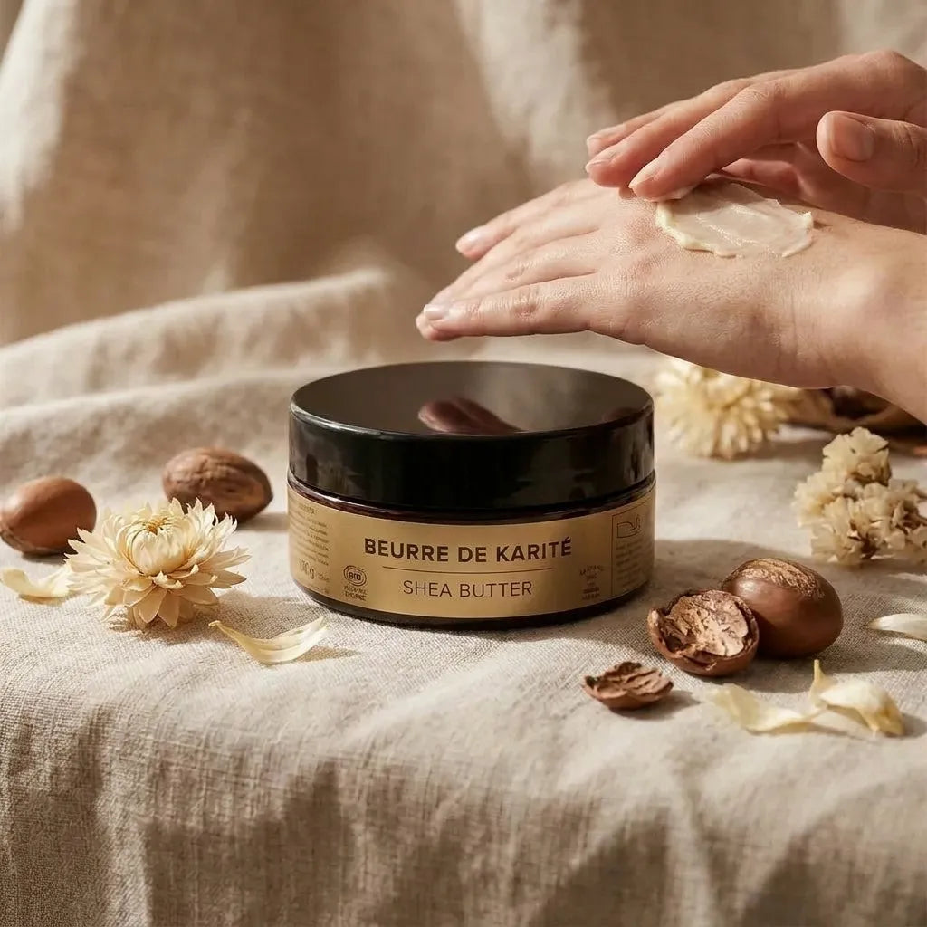 Beurre de karité brut Najel bio dans une routine beauté naturelle avec noix de karité